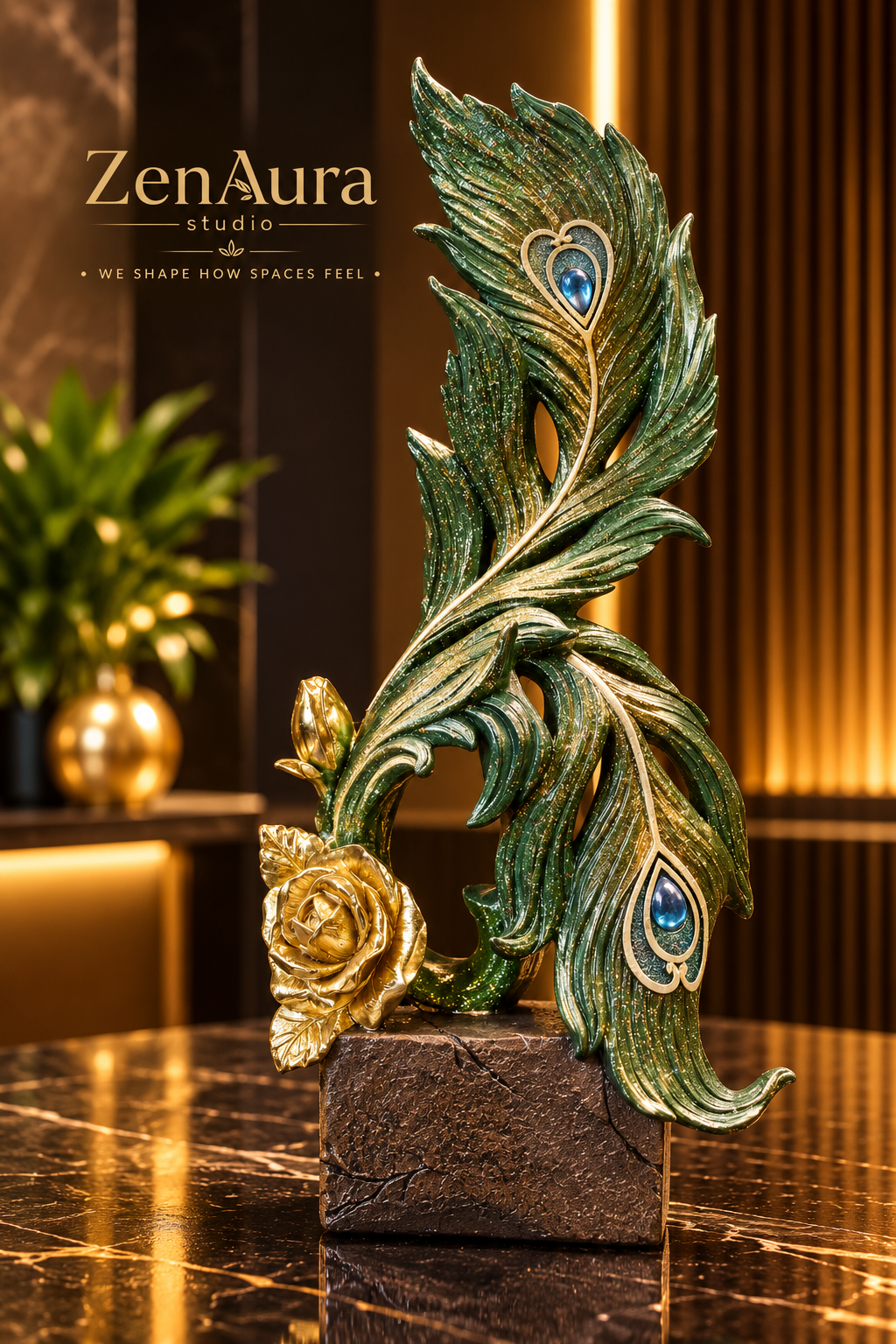 Emerald Grace Peacock Feather Sculpture – Luxury Green & Gold Table Decor