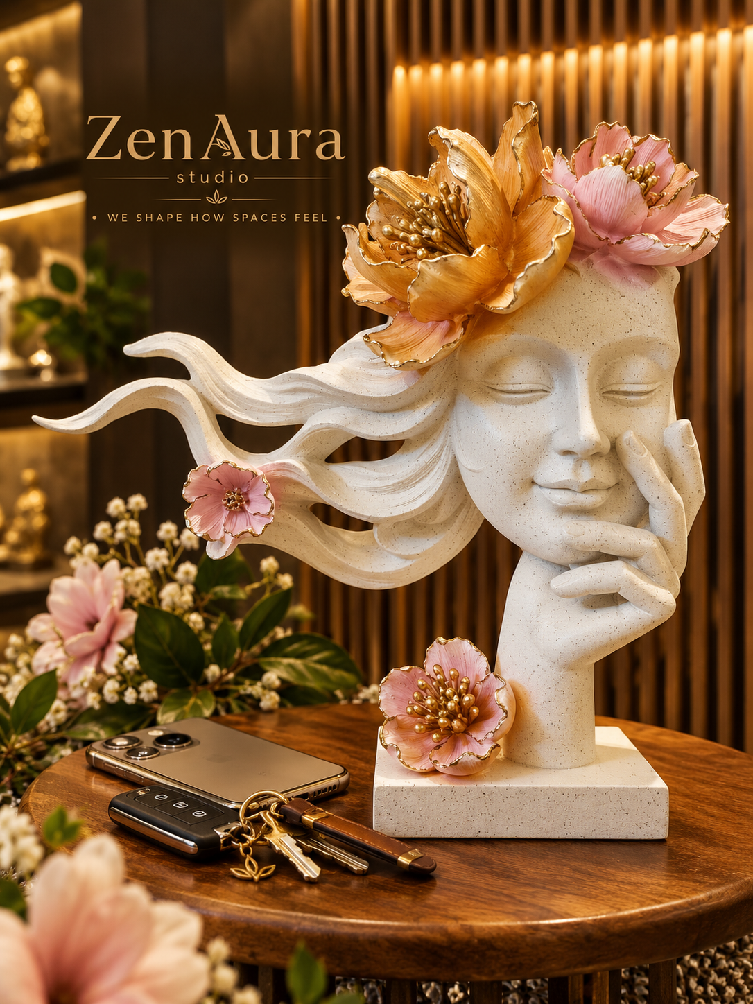 Blossom Whisper Floral Woman Face Sculpture | ZenAura Studio