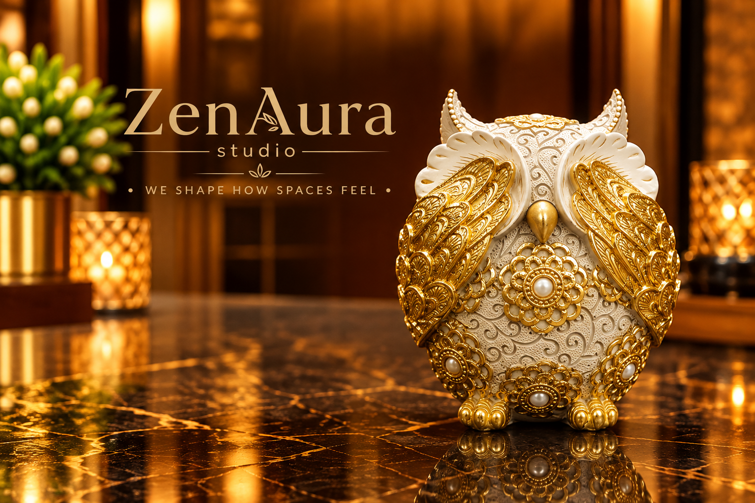 Royal Serenity Owl – Ivory & Gold Luxury Decor Figurine