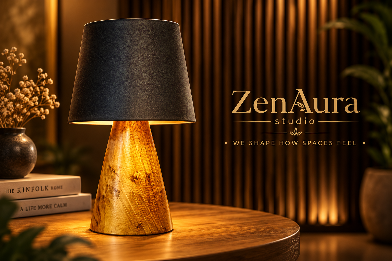 Aurelia Conical Wooden Table Lamp – Modern Black Shade Ambient Lighting Decor