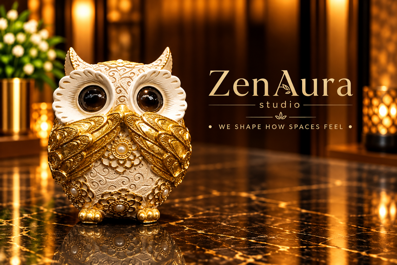 Royal Whisper Owl – Ivory & Gold Luxury Decor Figurine