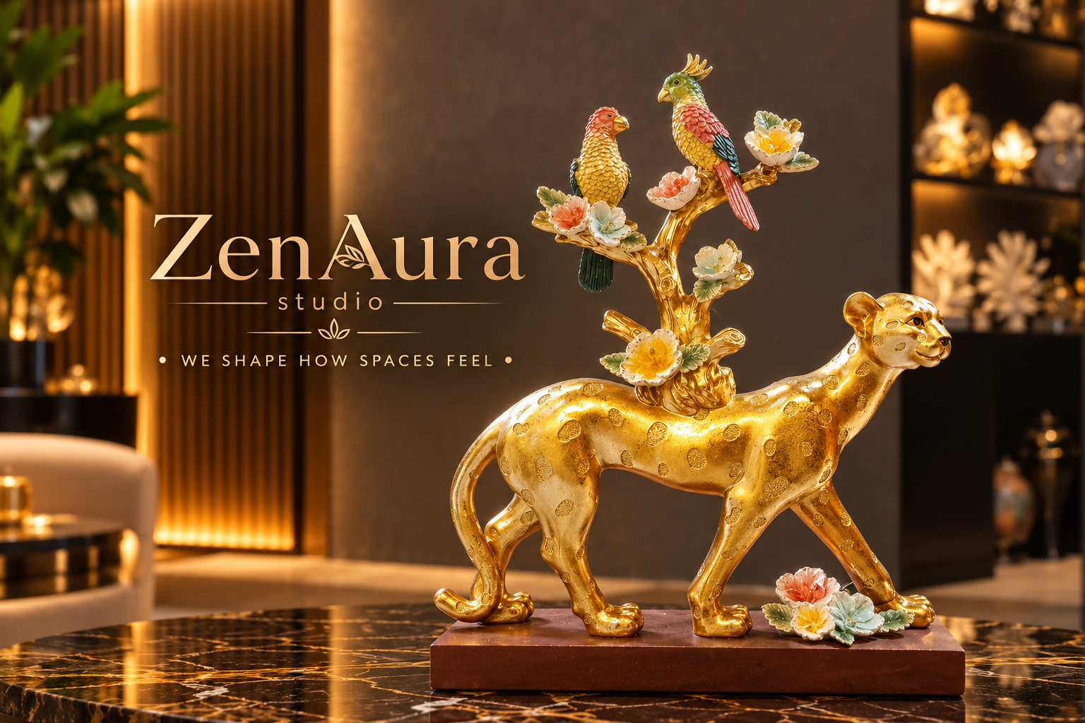 Golden Safari – Leopard & Parrot Sculpture