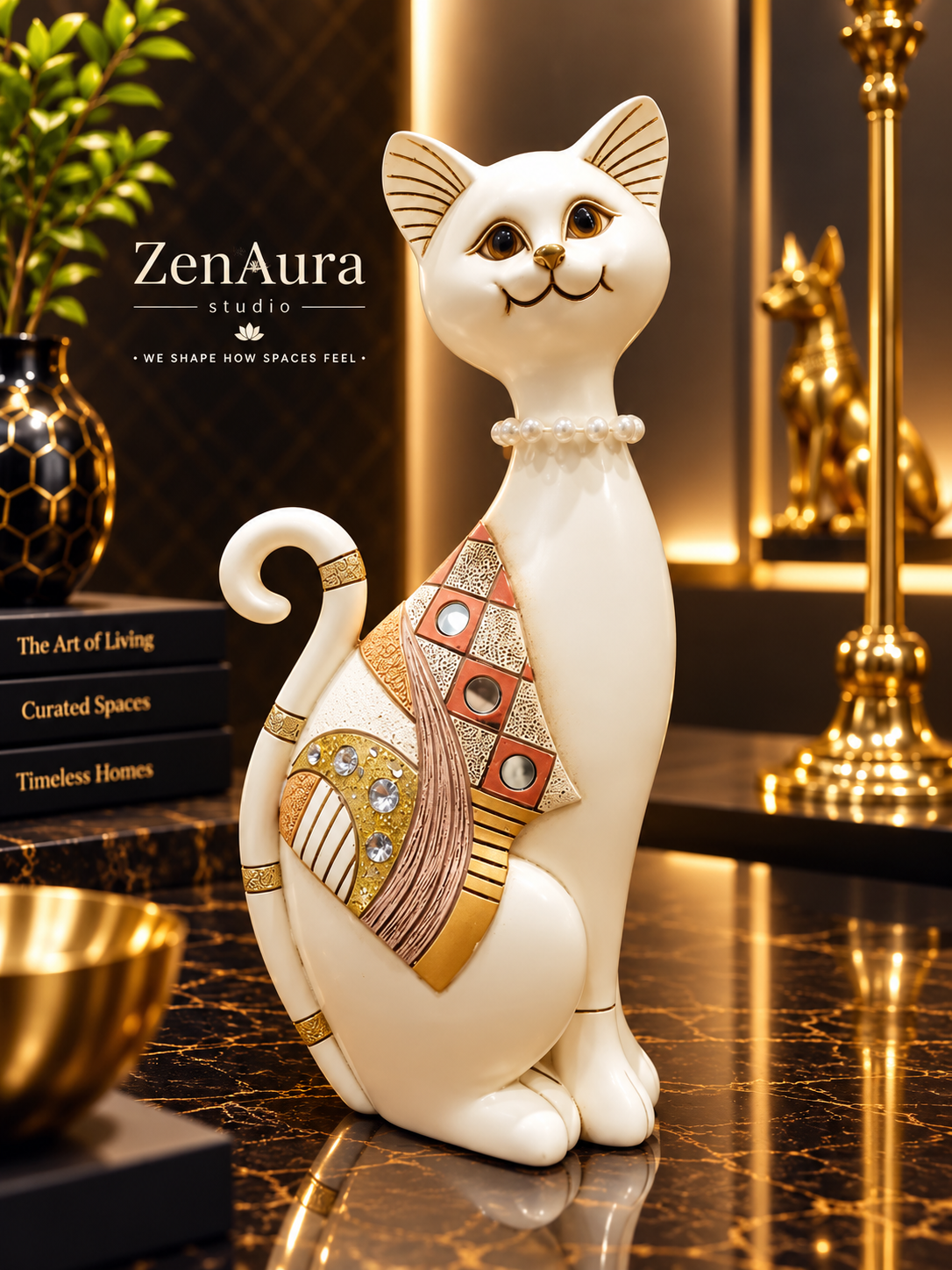 Regal Mosaic Cat Sculpture – Ivory & Gold