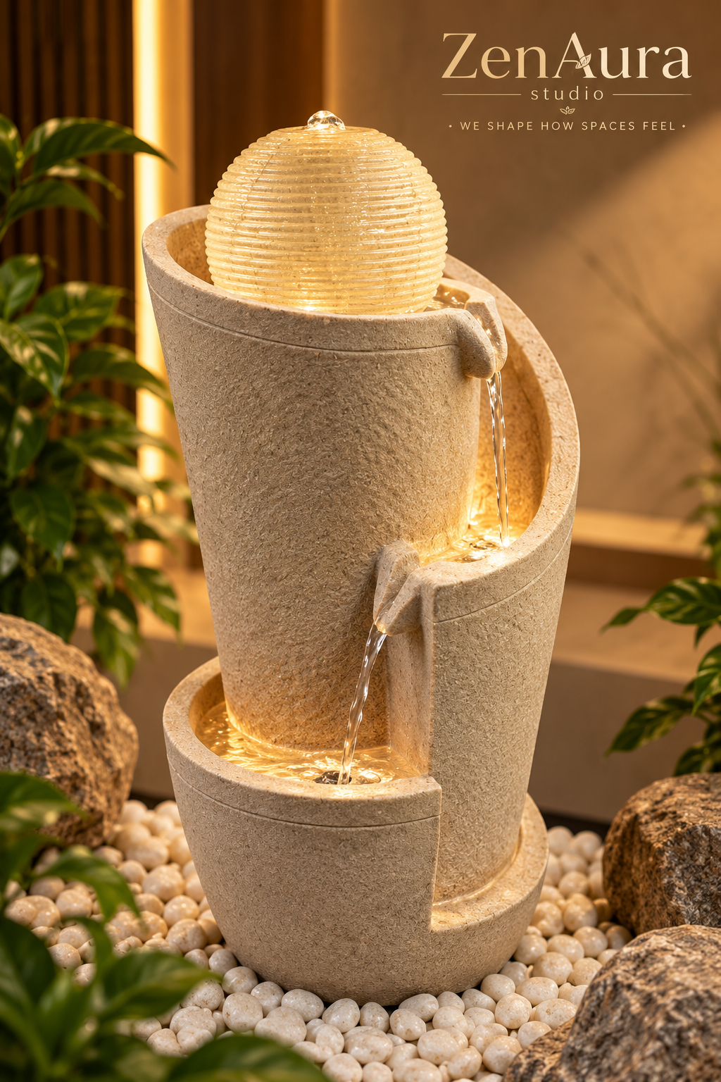 Serenity Cascade – Illuminated Stone-Finish Indoor Water Fountain (19 Inch)