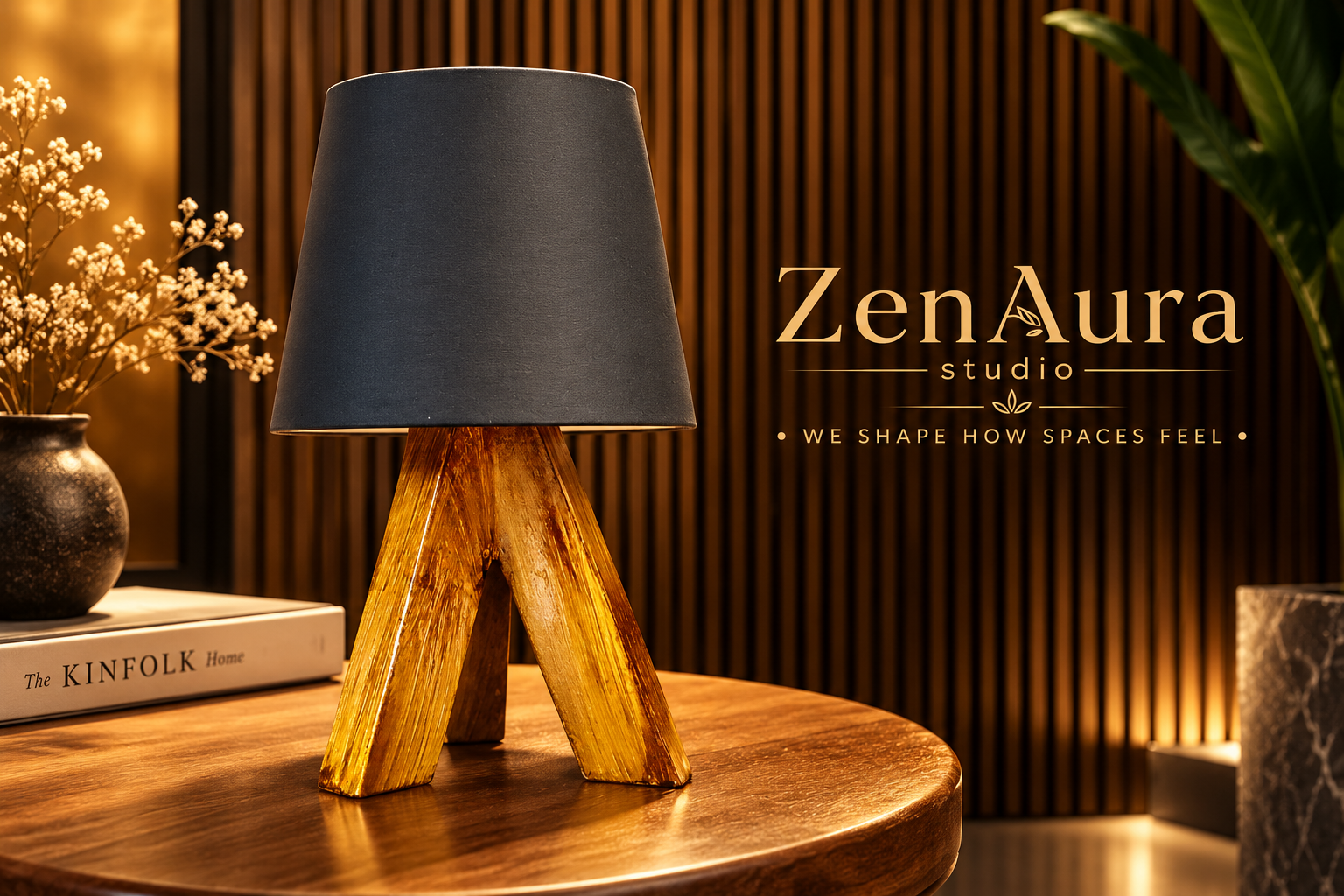 Aurelia Wooden Tripod Table Lamp – Modern Black Shade Ambient Lighting Decor
