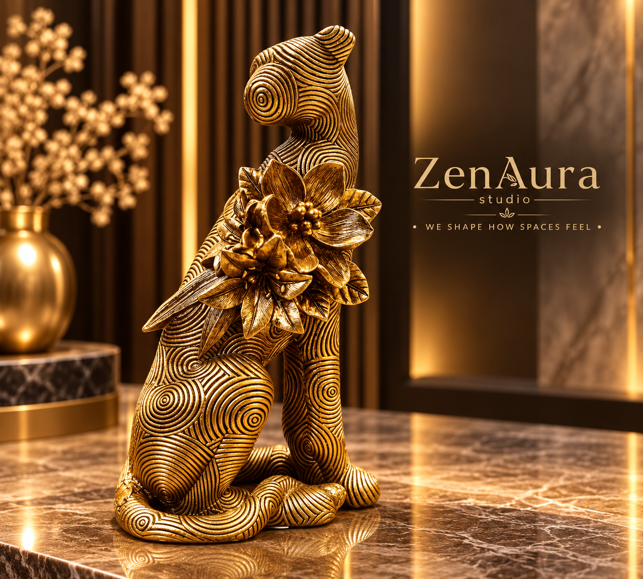 Floral Panther – Golden Panther Sculpture