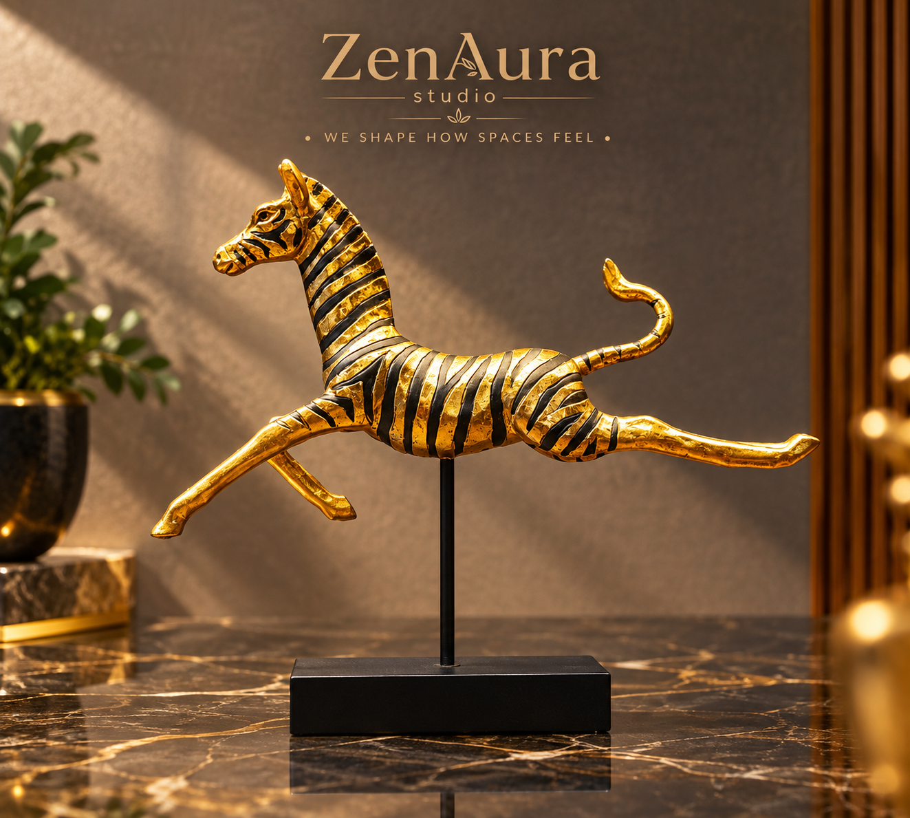 Zahara – Golden Running Zebra Sculpture