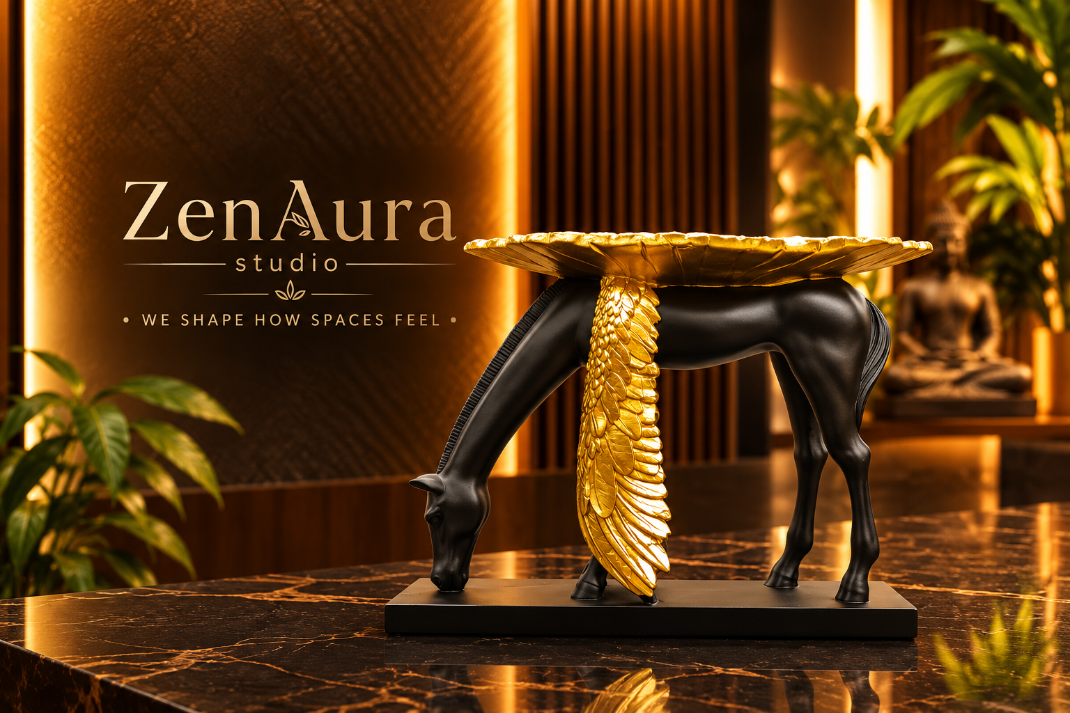 Golden Grace Horse Sculpture with Decorative Tray – Black & Gold Luxury Table Decor