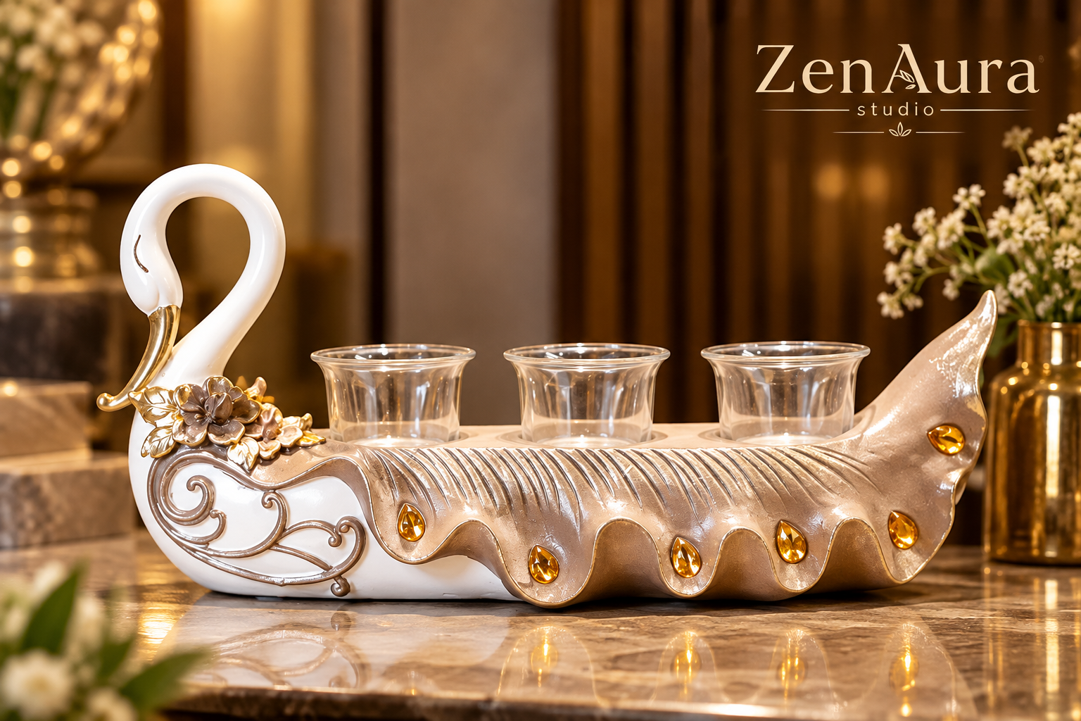 Royal Swan Gold Accent Decorative Serving Set with Glass Cups