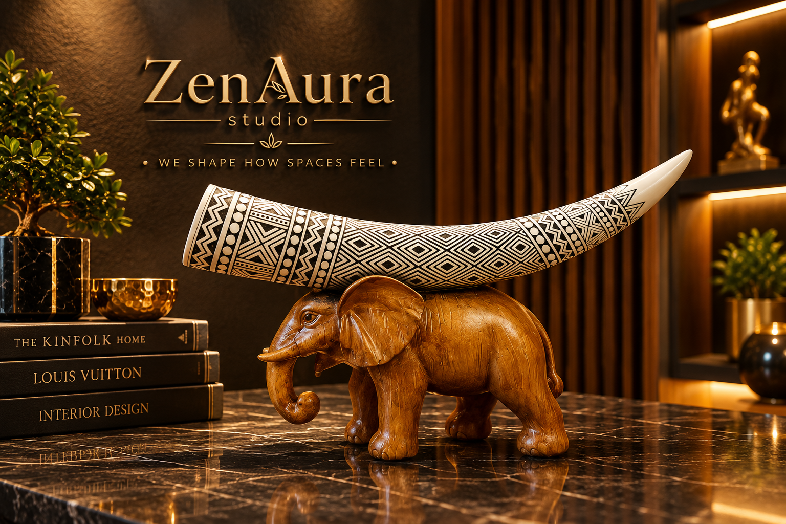 Royal Elephant with Tribal Tusk Sculpture – Ethnic Luxury Home Decor