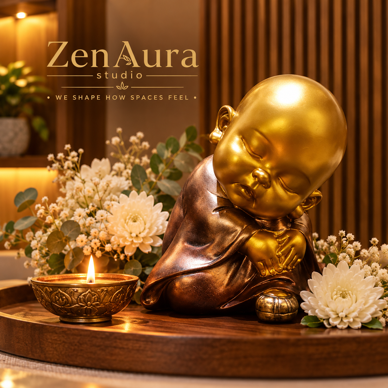 Serene Soul Sleeping Monk Statue – Antique Gold & Bronze Meditation Figurine