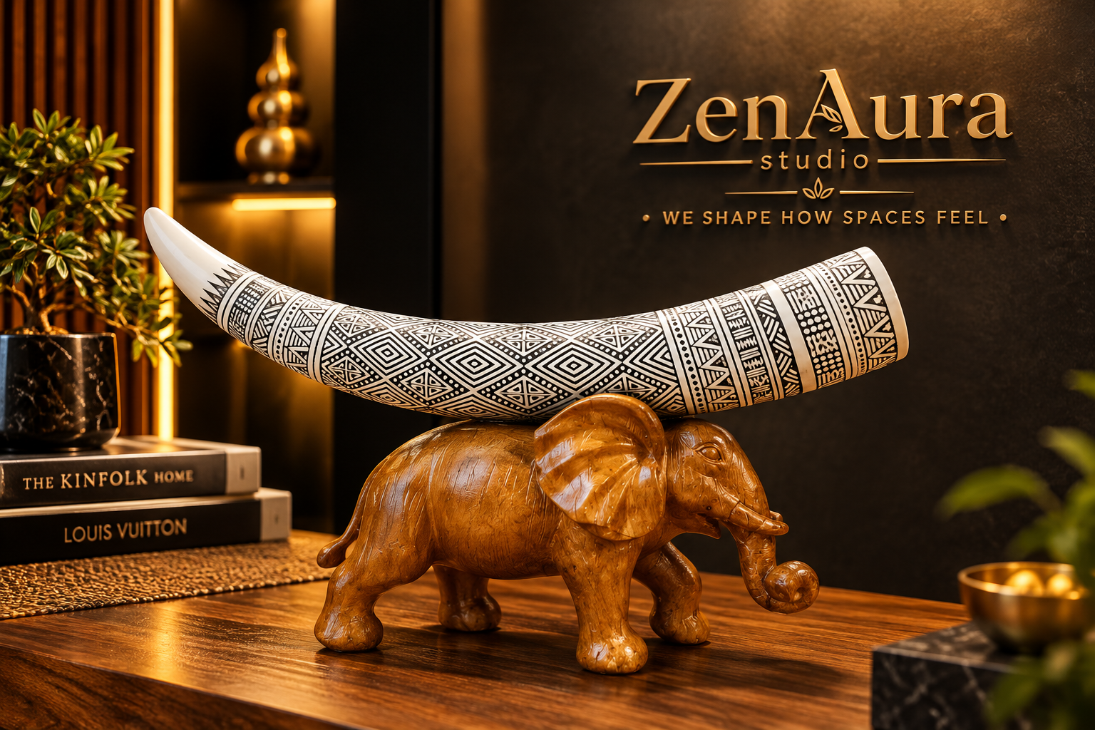 Royal Elephant with Tribal Tusk Sculpture – Luxury Ethnic Home Decor