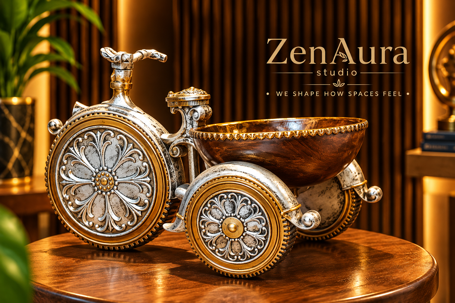 Vintage Tricycle Table Clock with Decorative Bowl – Antique Luxury Home Decor
