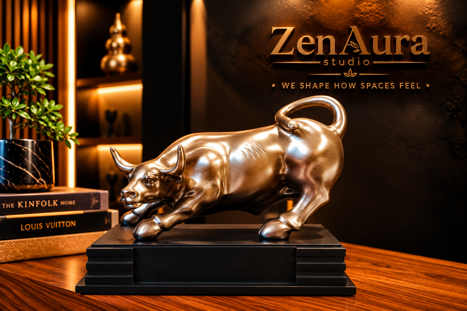 Majestic Golden Charging Bull Sculpture – Luxury Office & Home Decor