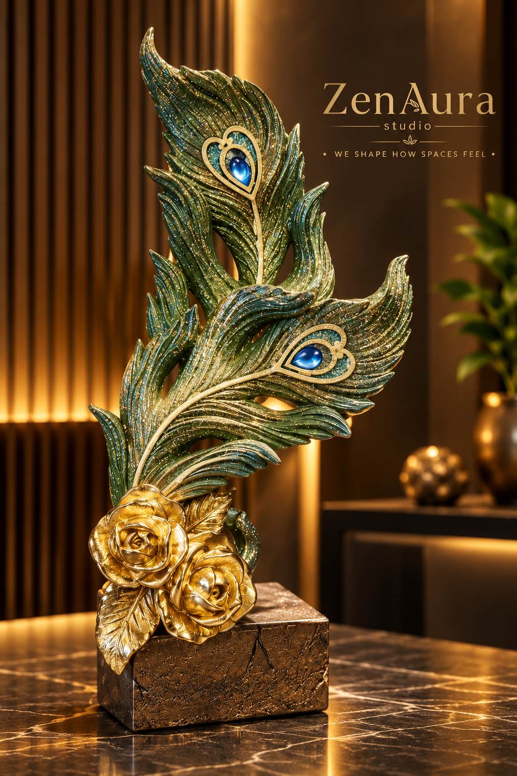 Emerald Majesty Peacock Feather Sculpture – Luxury Gold & Green Table Decor