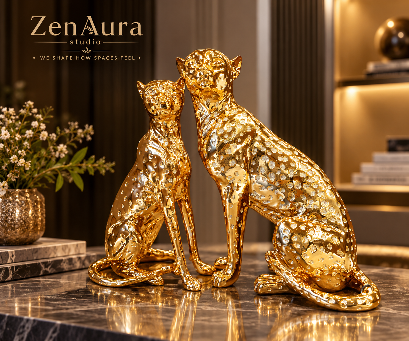 Golden Majesty Leopard Duo Sculpture – Luxury Wildlife Decor