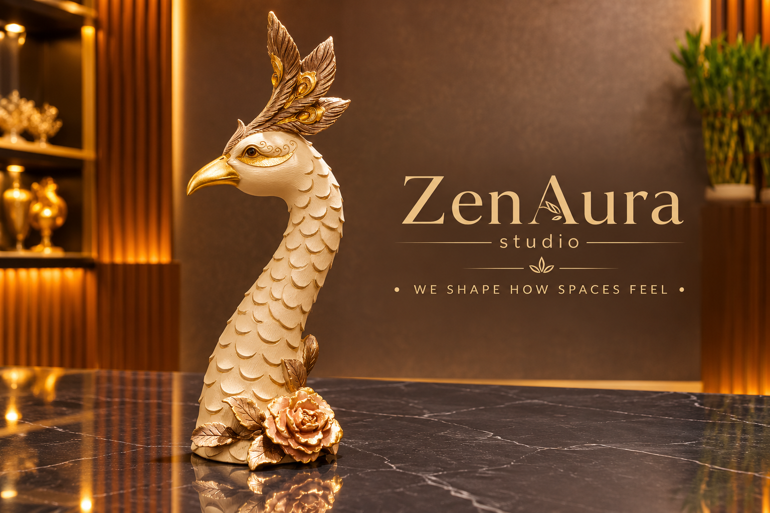 Royal Ivory & Gold Peacock Sculpture – Luxury Home Decor