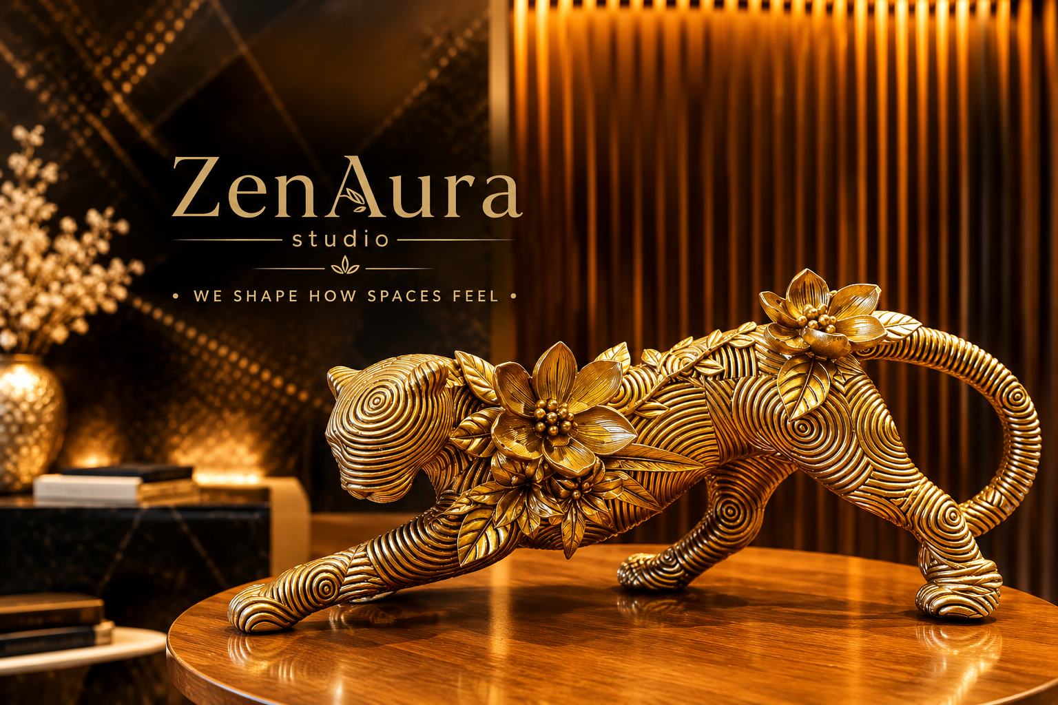 Floral Panther Stride – Golden Panther Sculpture