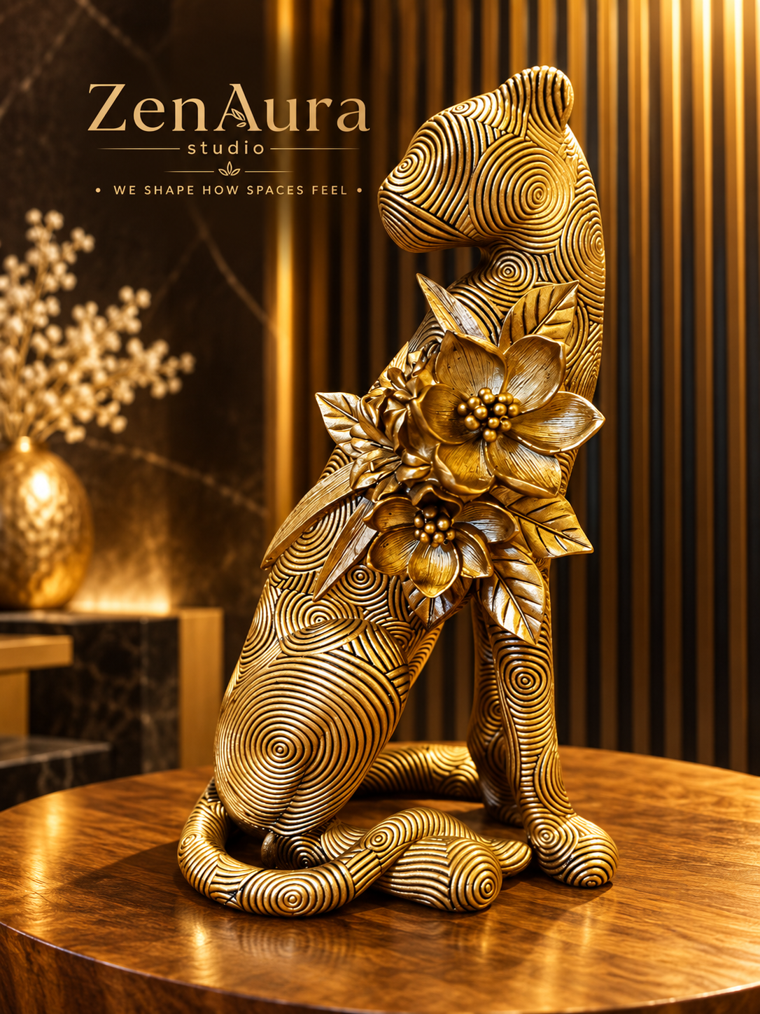 Floral Panther Grande – Golden Panther Sculpture