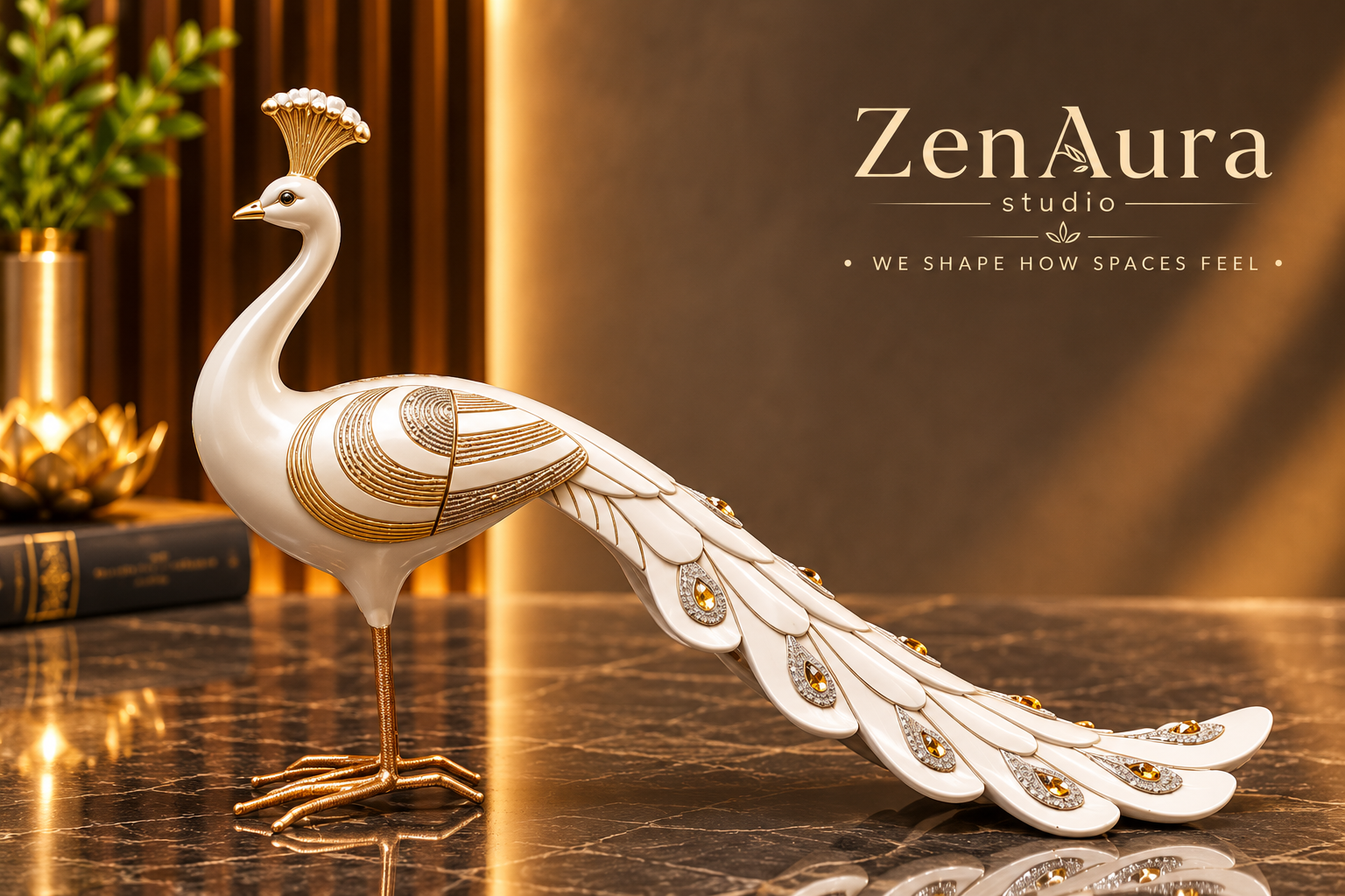 Regal Mayura – Ivory & Gold Peacock Sculpture | Luxury Home Decor