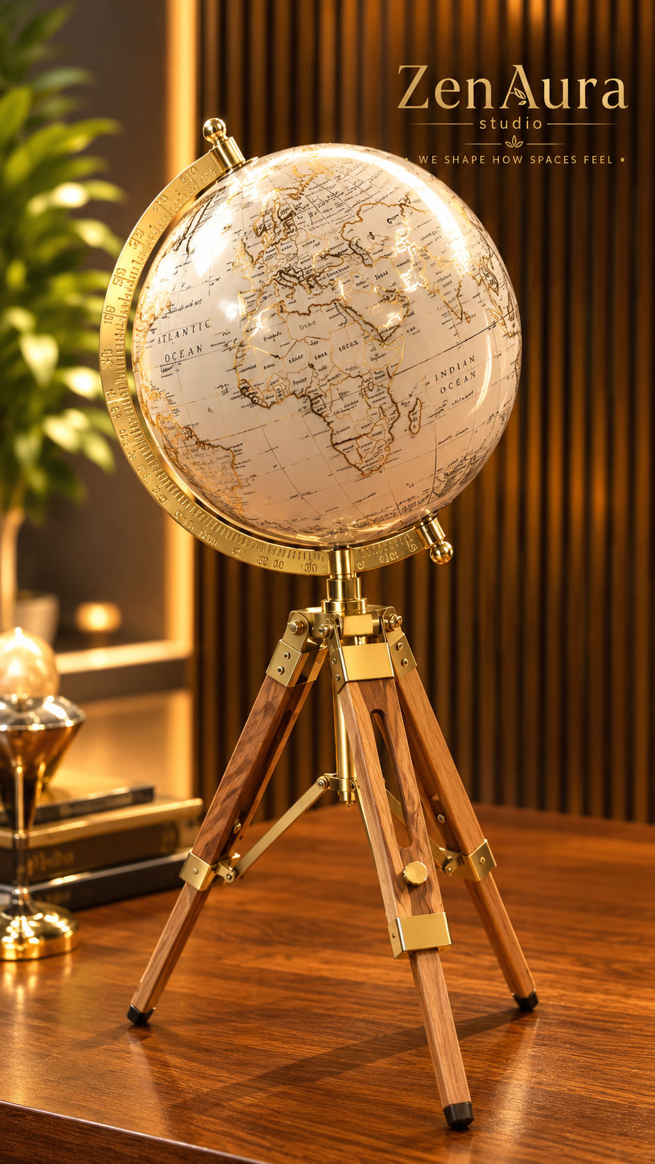 Imperial Explorer World Globe – Antique Gold & Wooden Tripod Decorative Showpiece