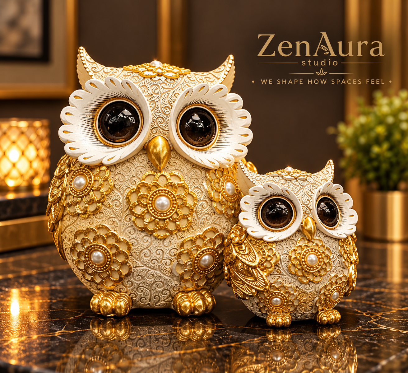 Golden Wisdom Owl Duo – Ivory & Gold Luxury Decor Figurines (Set of 2)
