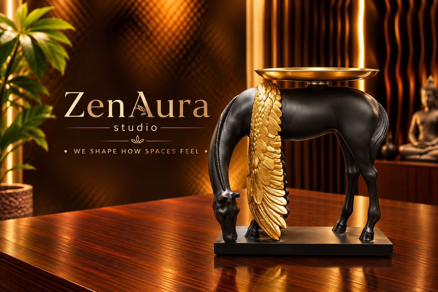 Equestrian Wings Black & Gold Horse Sculpture – Luxury Decorative Candle Holder