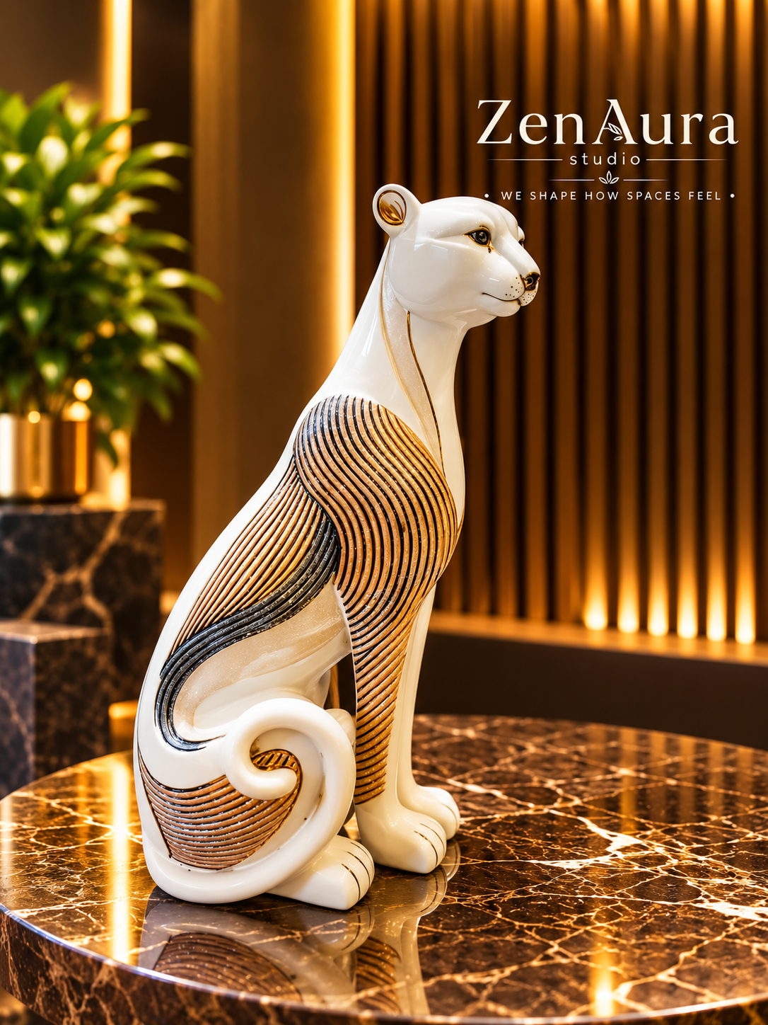 Regal Stride – Ivory & Gold Panther Sculpture