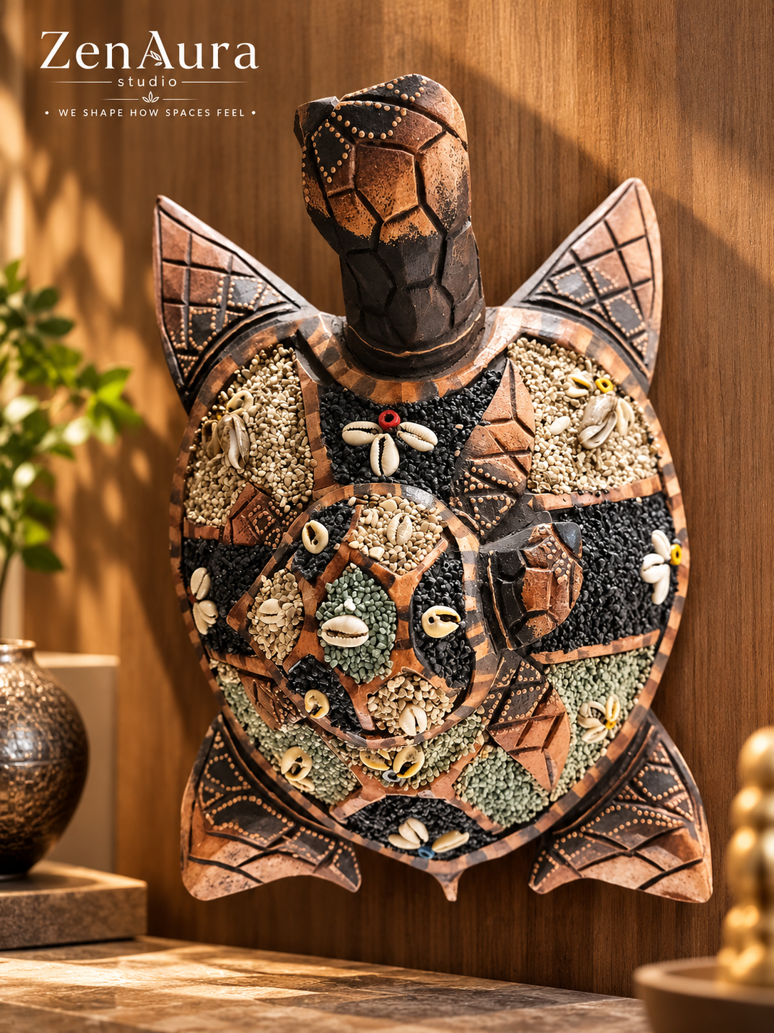 Tribal Heritage Mosaic Turtle Wall Art – Ethnic Decorative Tortoise Sculpture