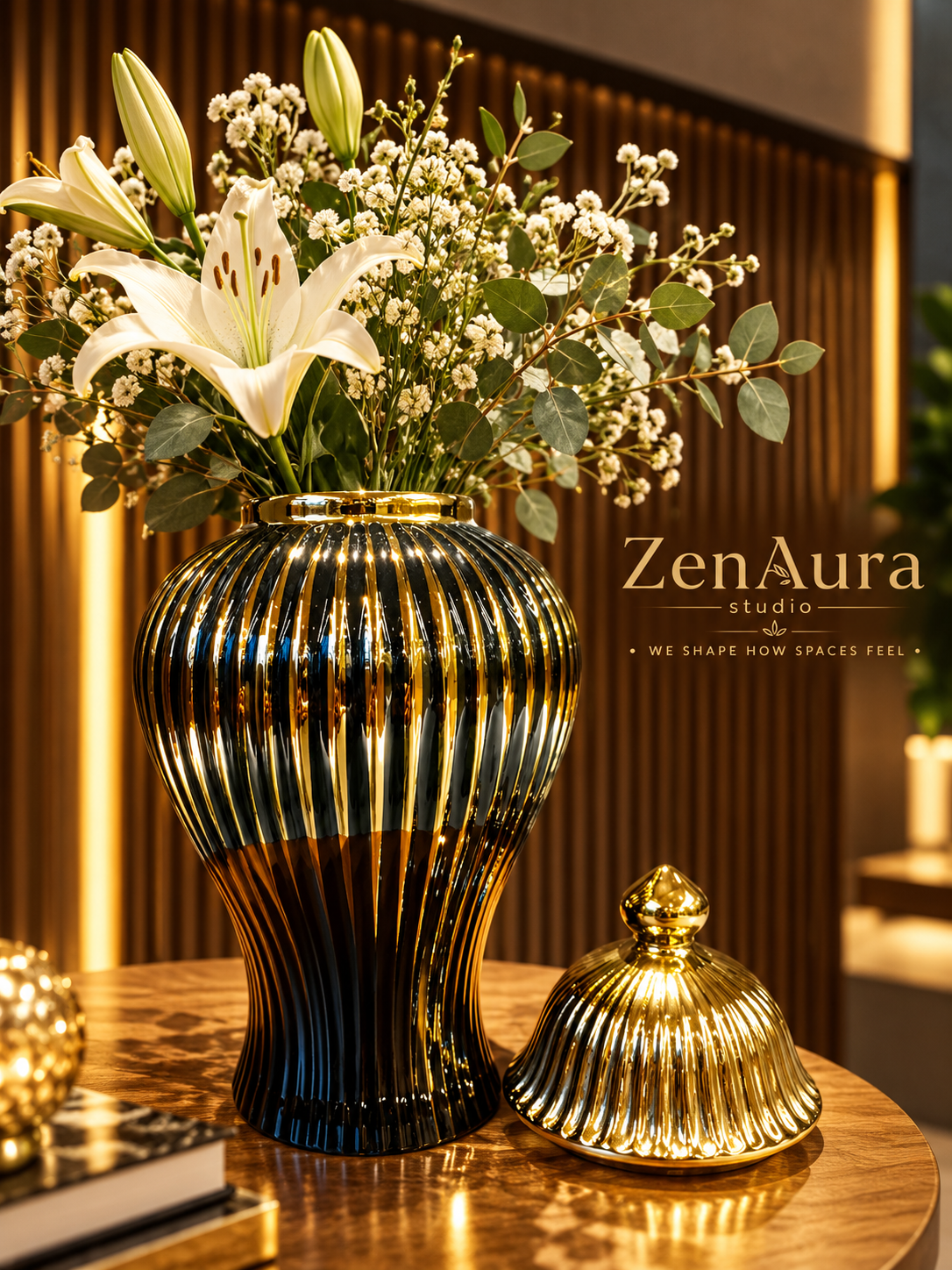 Noir Royale – Black & Gold Ribbed Decorative Jar | Luxury Home Decor