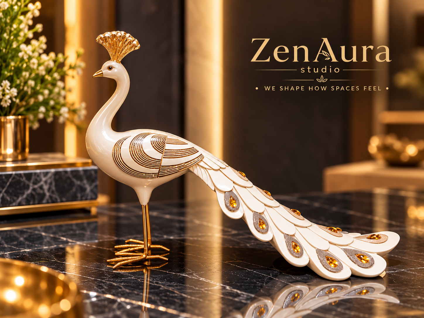 Royal Mayura – Ivory & Gold Peacock Sculpture | Luxury Home Decor