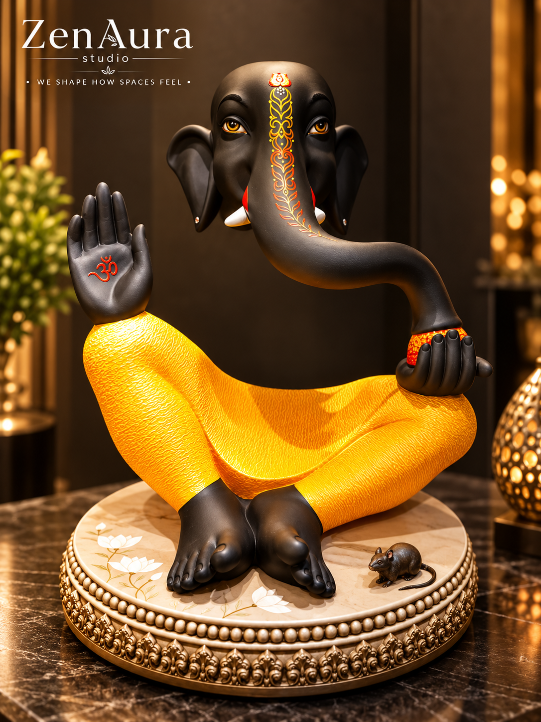 Divine Ananta Ganesha – Black & Saffron Meditation Idol (19 Inch)