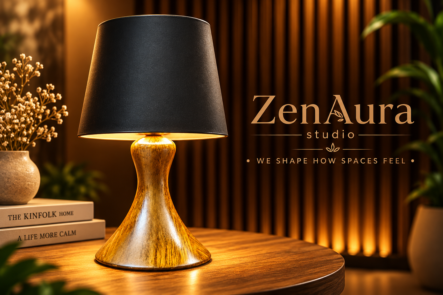 Elara Sculptural Wooden Table Lamp – Black Shade Touch-Control Ambient Lighting