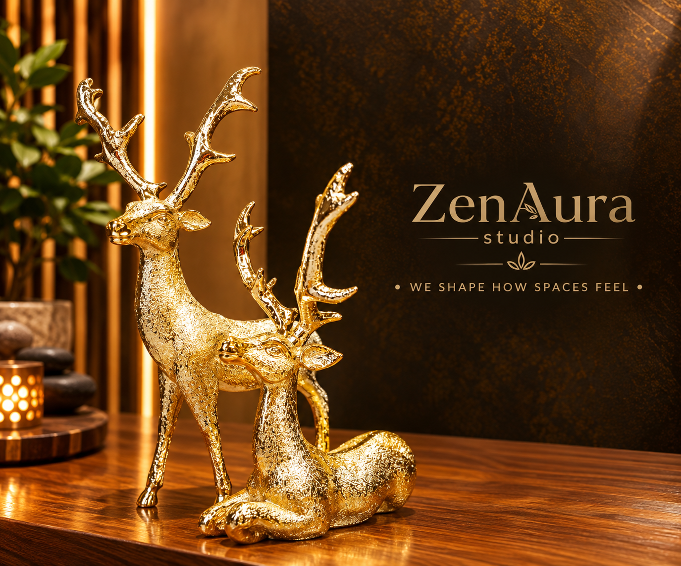Golden Deer Pair Sculpture for Home Decor | ZenAura Studio