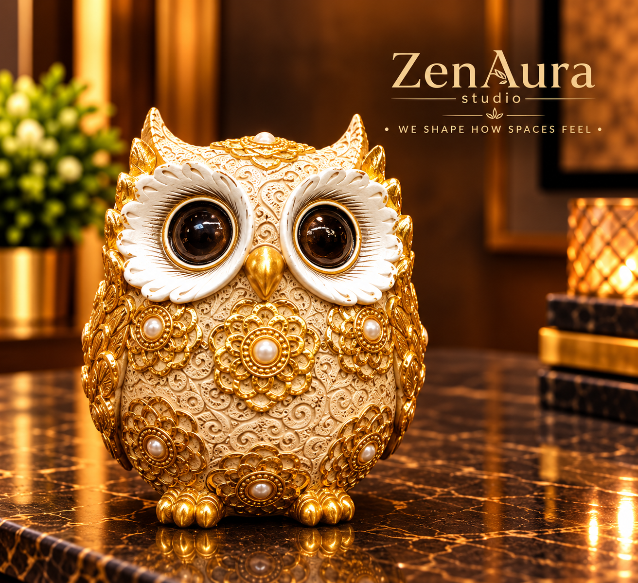 Royal Aurelia Owl – Ivory & Gold Luxury Decor Figurine