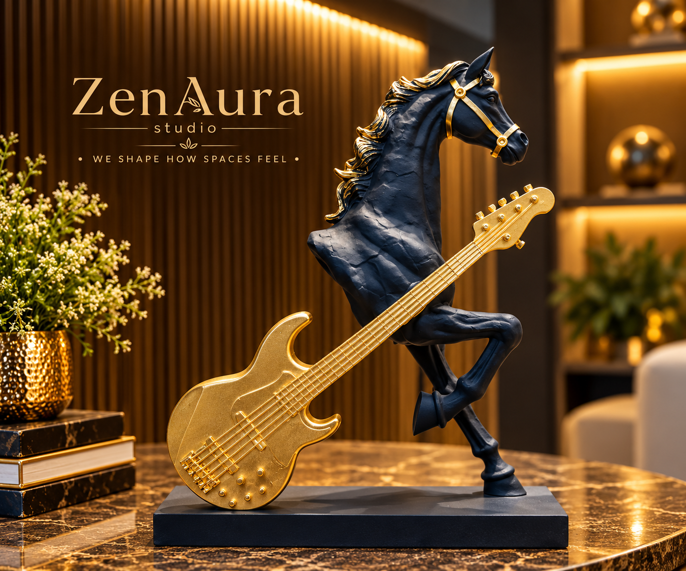 Majestic Melody Horse & Guitar Sculpture – Black & Gold (11 Inch)