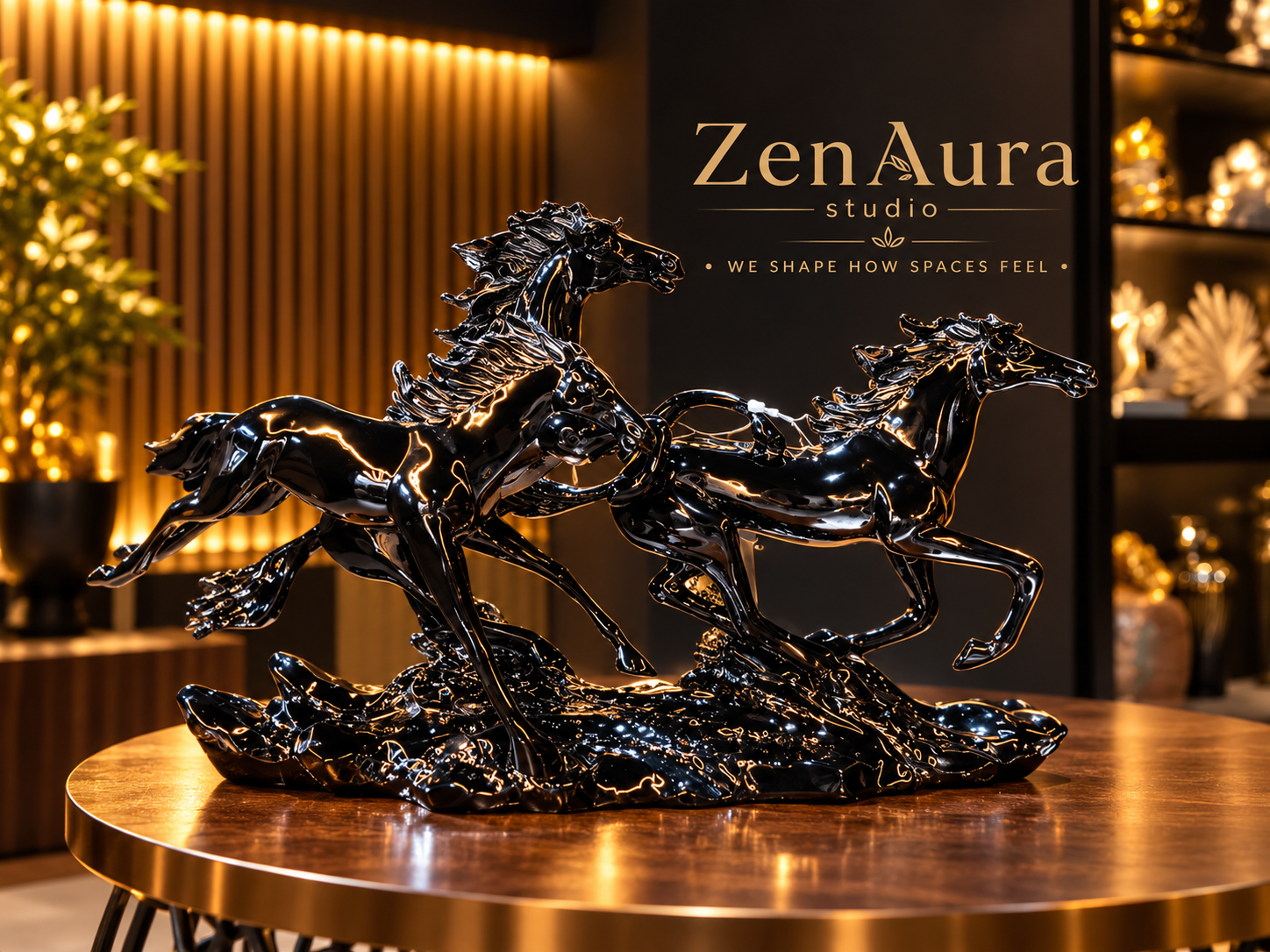 Midnight Gallop – Black Electroplated Running Horses Sculpture