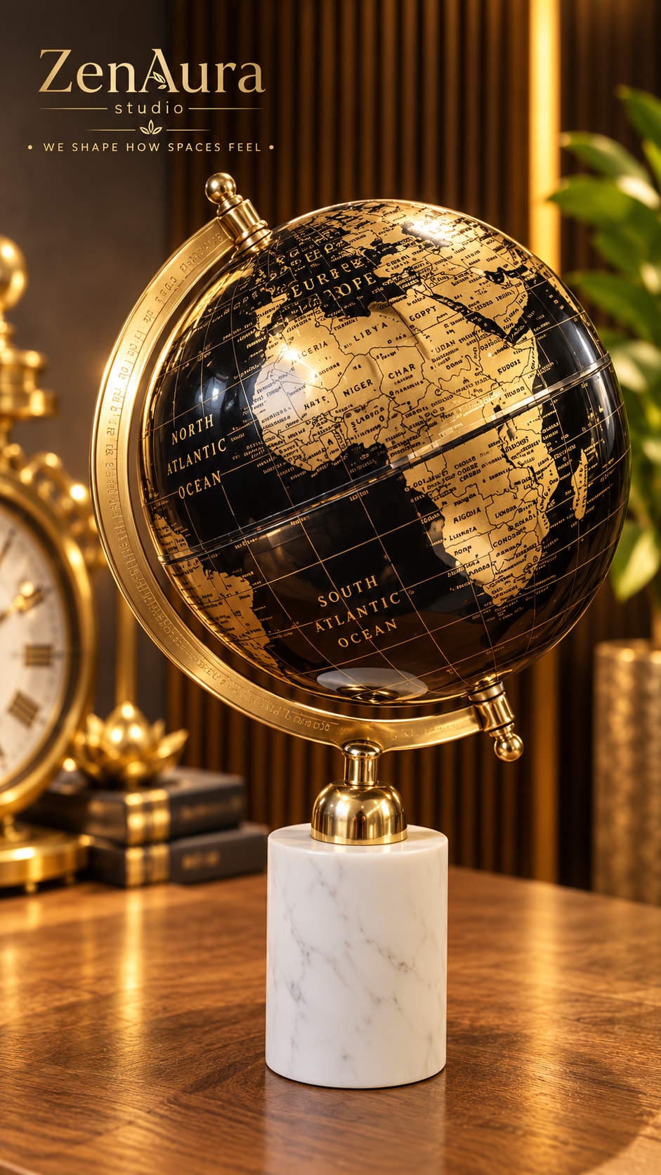 Midnight Meridian World Globe – Black & Gold Luxury Decorative Showpiece with Marble-Look Base