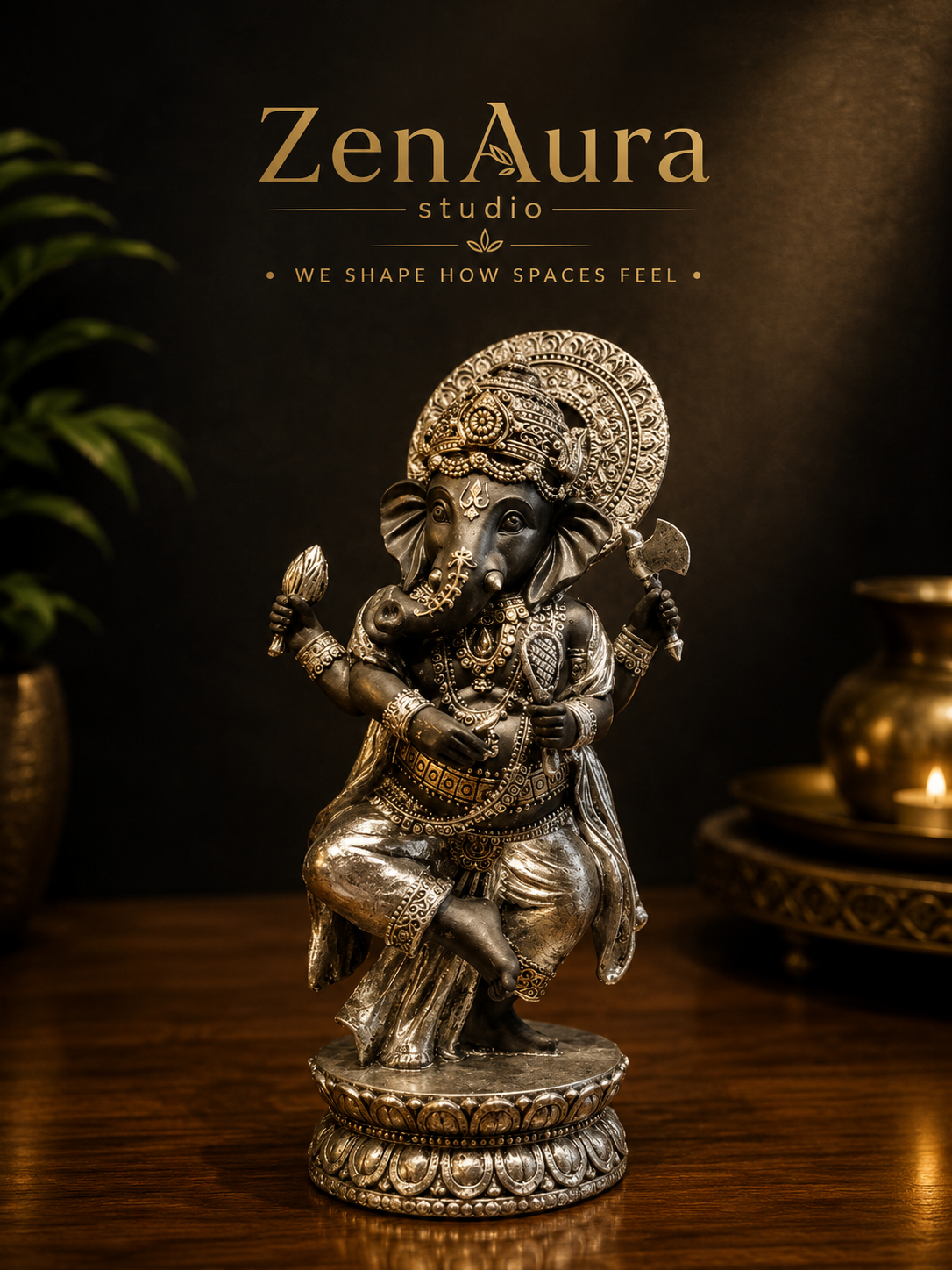 Nritya Ganesha Divine Sculpture – Antique Black & Gold-Small