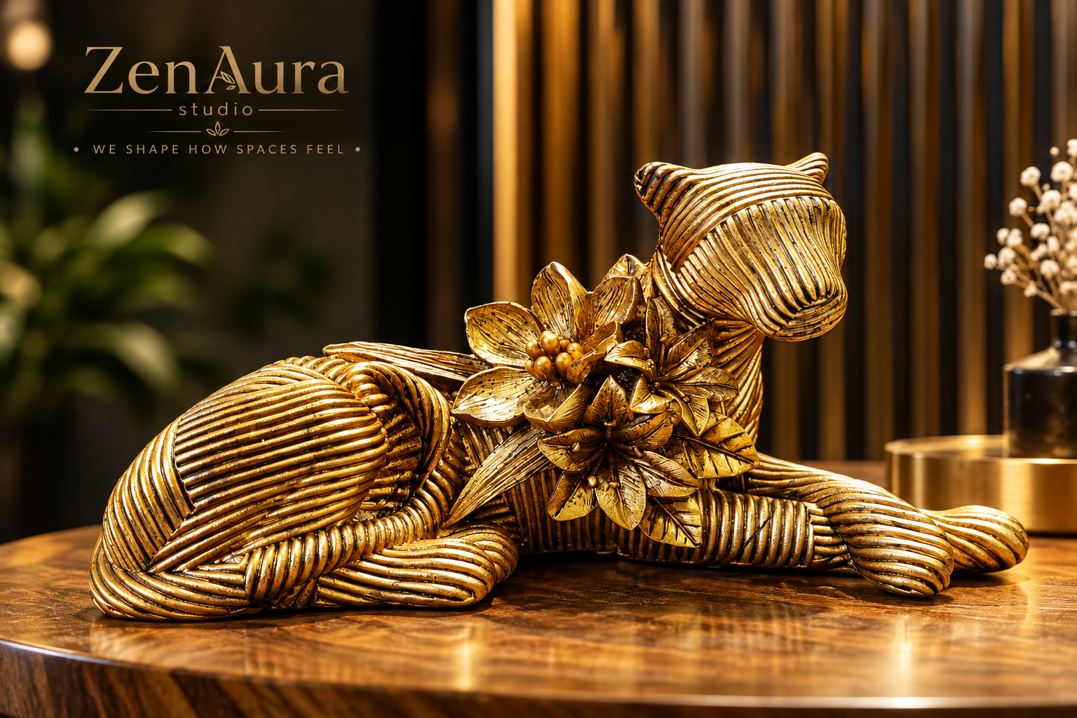 Floral Panther Serenity – Golden Reclining Panther Sculpture
