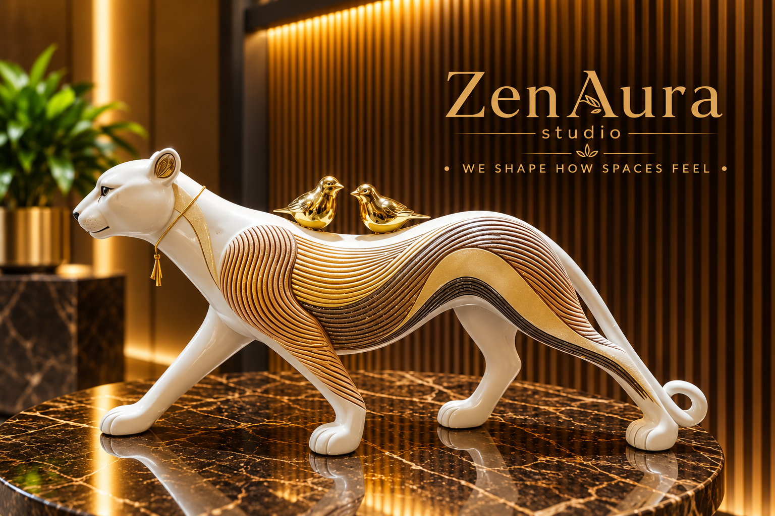 Harmony Stride – Panther & Golden Birds Sculpture