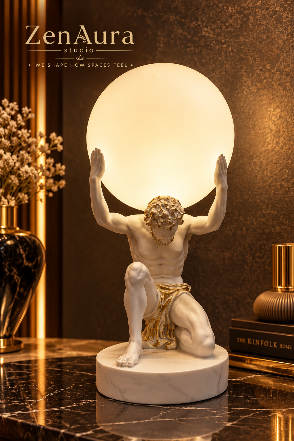 Atlas Moonlight LED Sculpture – White & Gold Luxury Table Lamp