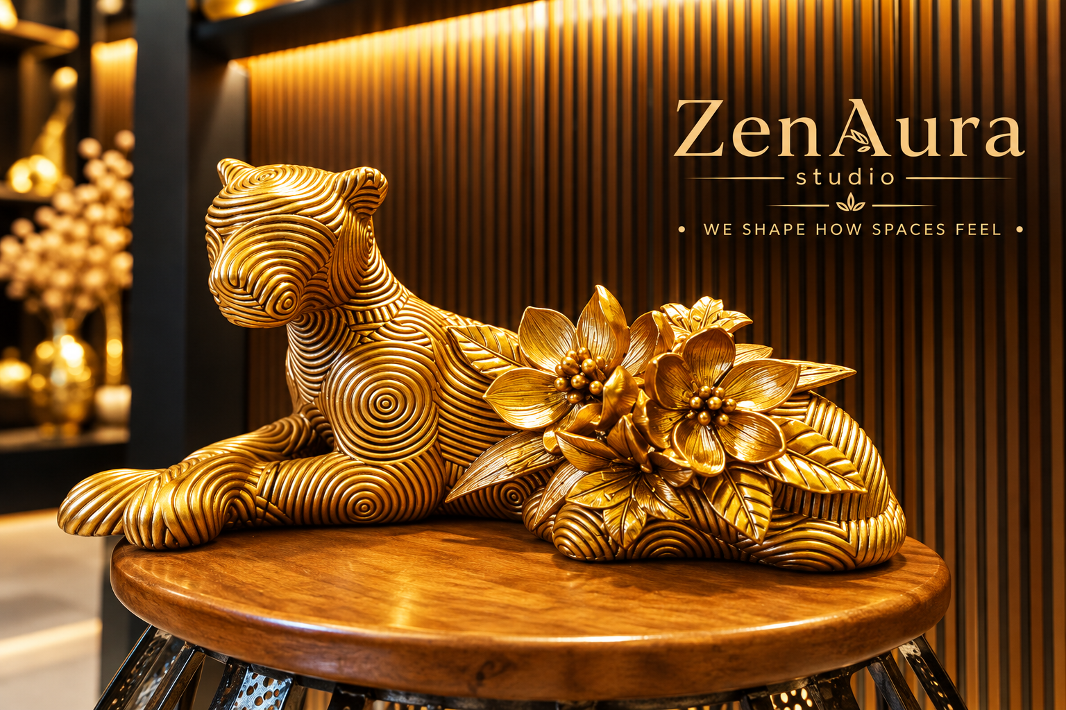 Floral Panther Repose – Golden Panther Sculpture