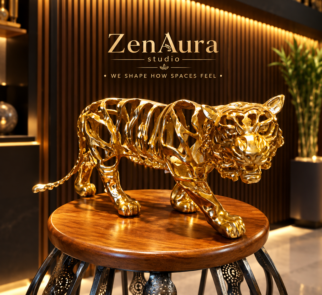 Aureus Stride – Golden Tiger Sculpture