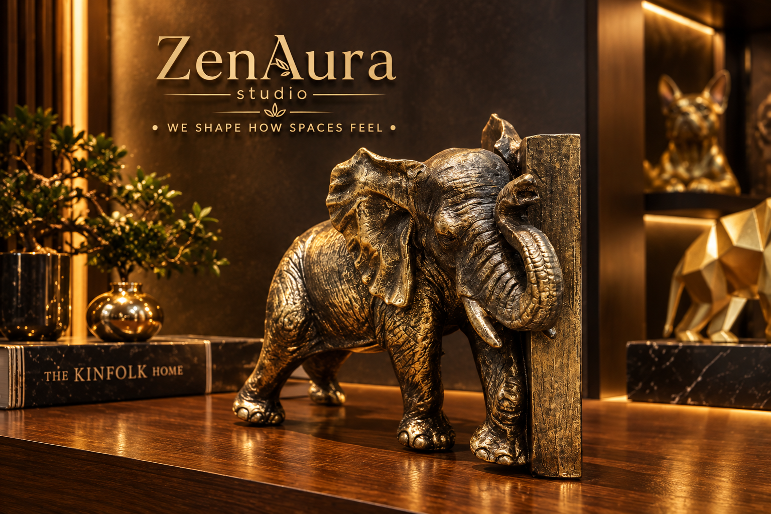 Antique Gold Elephant Bookend Sculpture – Luxury Home & Office Decor