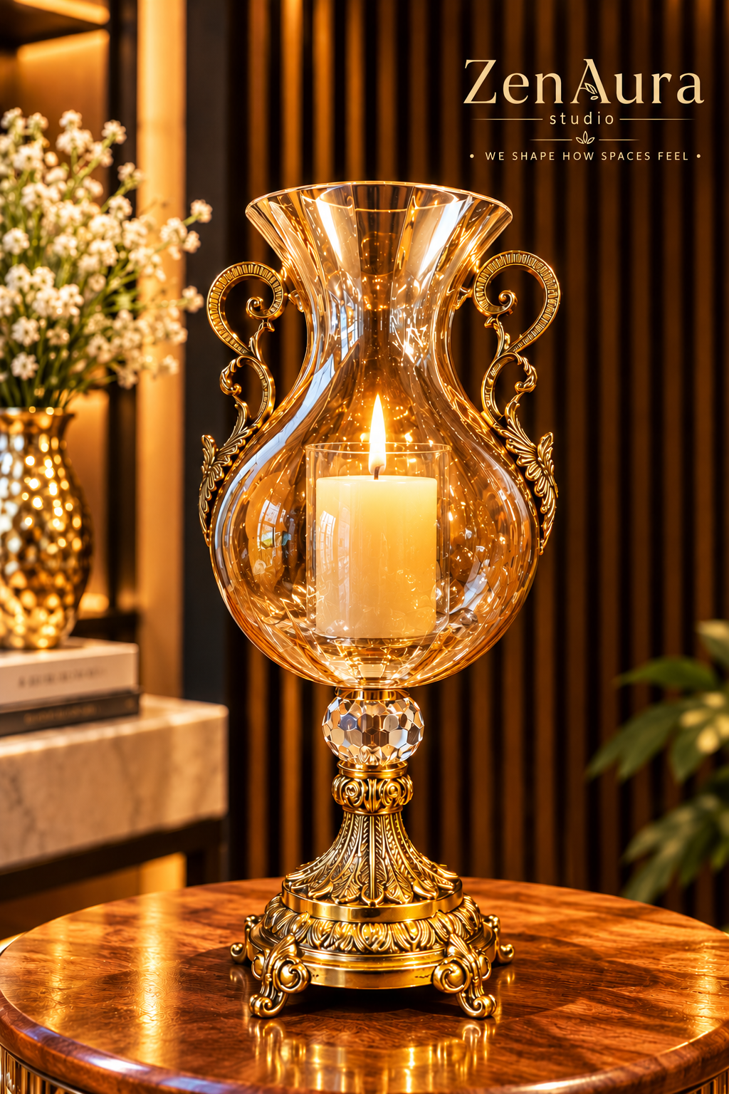 Imperial Amber Glass Hurricane Candle Holder with Ornate Gold Stand