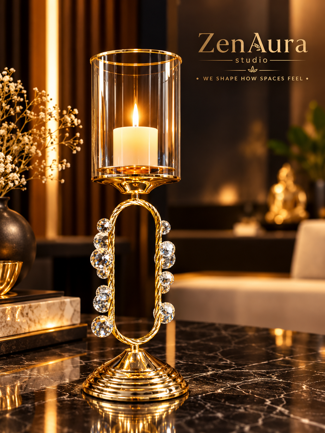 Celestial Crystal Gold Candle Holder – Luxury Glass Hurricane Candle Stand