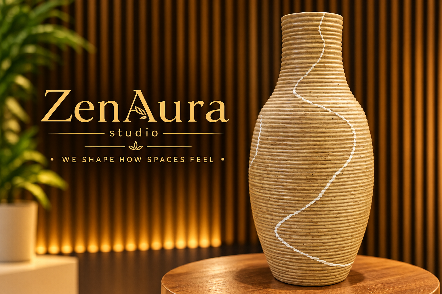 TerraLine Ribbed Decorative Vase – Beige Textured Vase with Abstract White Wave Design