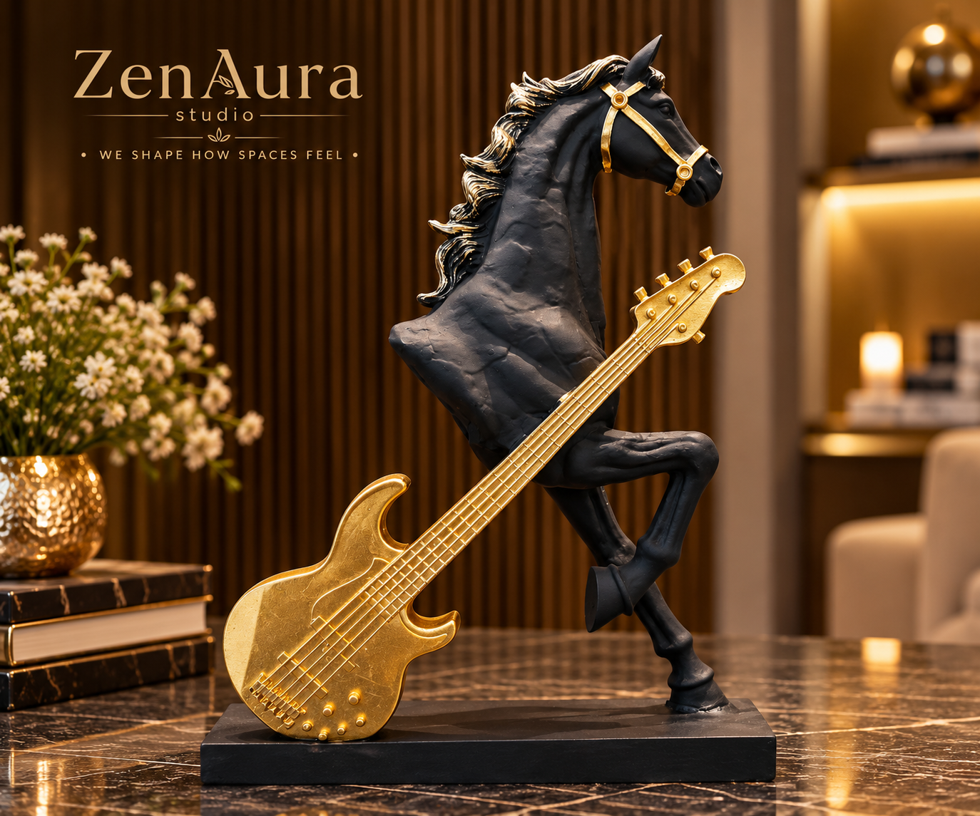 Majestic Melody Horse & Guitar Sculpture – Black & Gold Luxury Decor