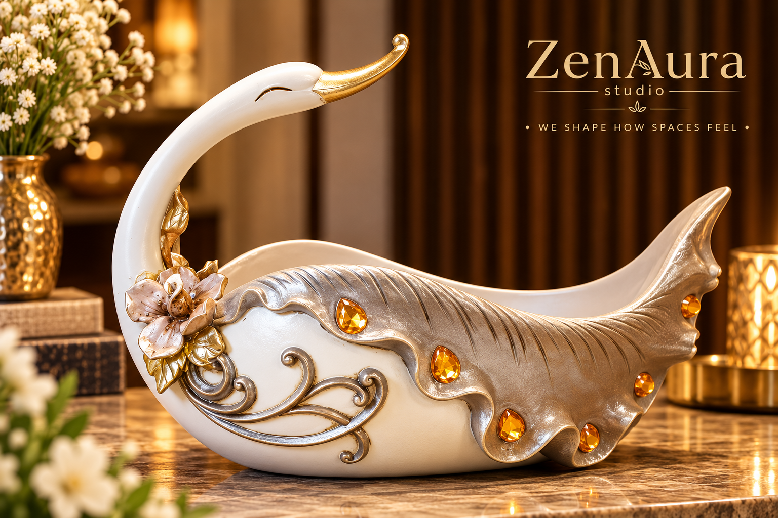 Royal Swan Luxury Decorative Bowl – Ivory & Champagne Gold